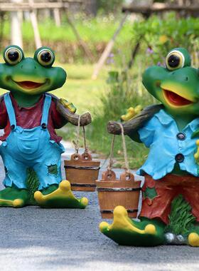 新户外卡通青蛙花盆幼儿园布置摆件挑担青蛙雕塑阳台庭院造景装饰