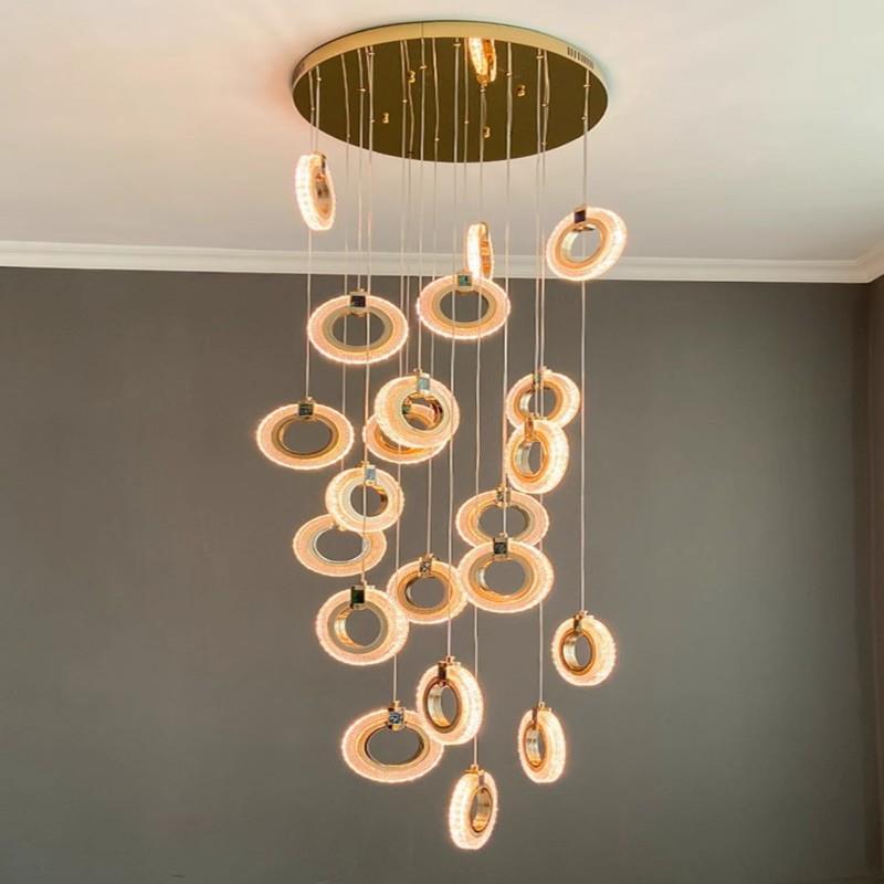 复式楼梯井长吊灯跃层挑高loft公寓简约新中式个性圆圈亚克力吊灯