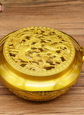 宏达 黄铜大号暖手炉龙凤呈祥室内烧炭香薰炉铜器