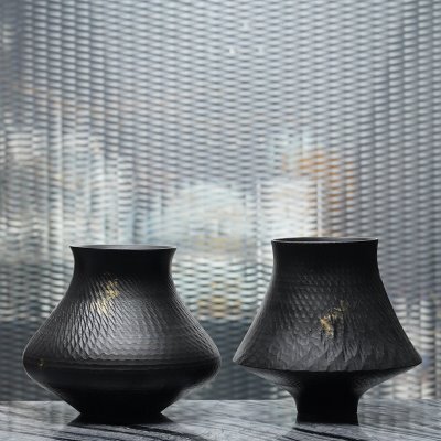 新中式创意黑色飞碟宽口花瓶摆件家居饰品电视柜茶几桌面插花花器