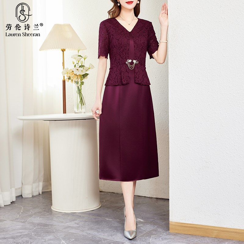 高贵优雅妈妈装婚宴礼服2025夏季新款假两件年轻喜婆婆旗袍连衣裙