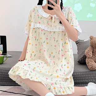 棉绸睡裙女夏短袖 可爱小个子 妈妈睡衣人造棉连衣裙绵绸睡衣裙大码