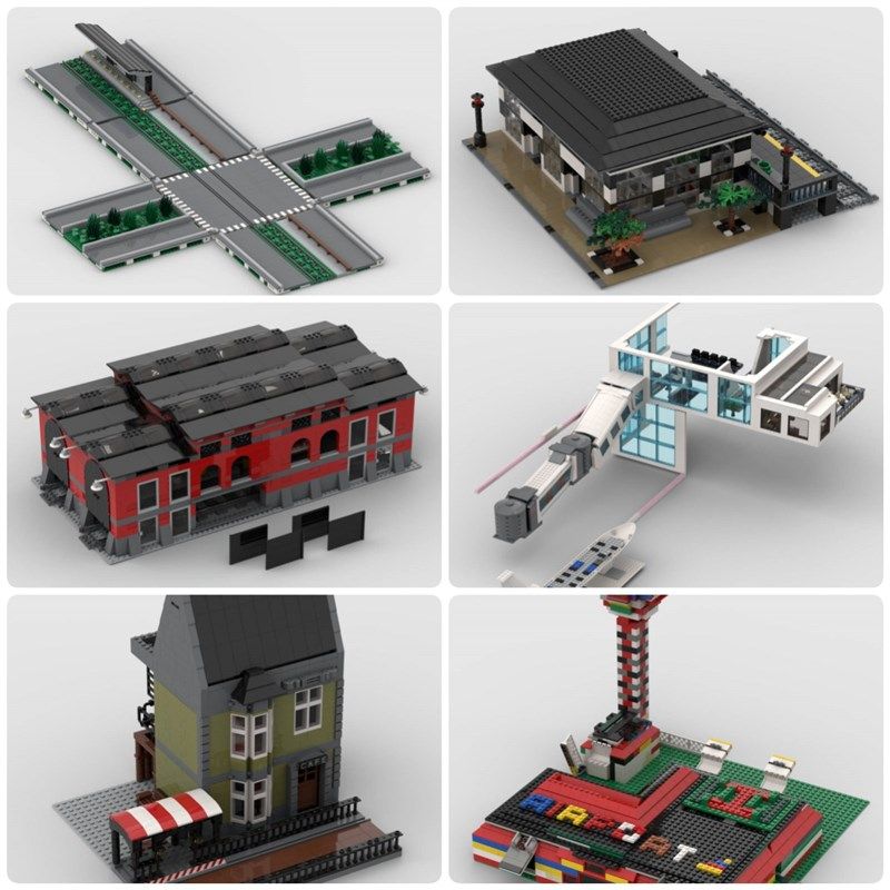 定制积木创意设计玩具火车道城市火车站内部候机区机场列车停车棚