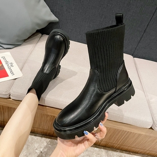百搭瘦瘦靴子春秋单靴袜靴短靴女 2024年新款 平底马丁靴女夏季 薄款
