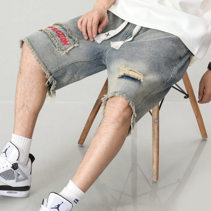 牛仔短裤男夏季松紧腰织带宽松美式复古黄泥潮牌刺绣破洞五分裤潮,男装,牛仔裤,淘宝优惠券,粉丝福利购,淘宝优惠卷