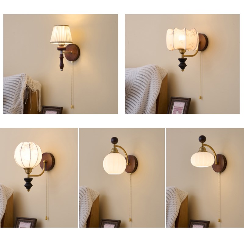 法式中古壁灯美式简约卧室床头灯复古客厅背景墙实木过道书房灯具