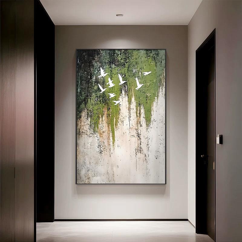斑驳肌理装饰画绿色抽象玄关手绘油画艺术飞鸟大芬村走廊过道挂画