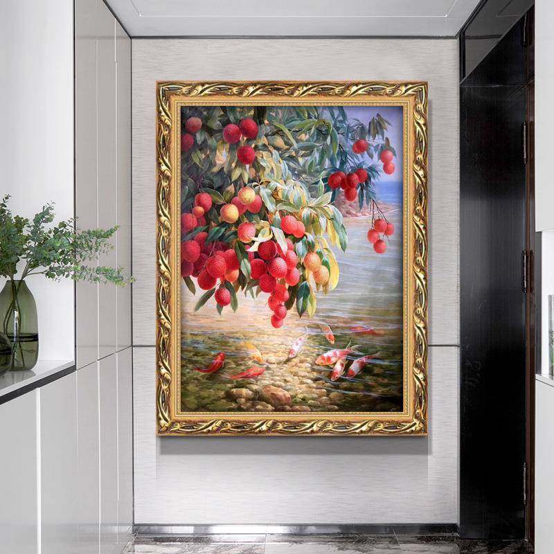 欧式油画荔枝客厅装饰画餐厅墙面壁画大气轻奢过道挂画美式玄关竖