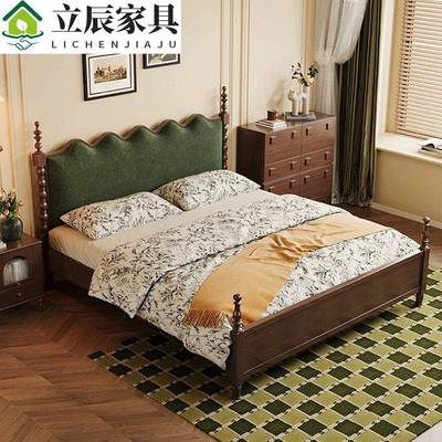 中古风双人床1.8米1.5m美式复古全实木床主卧新中式靠背软包婚床