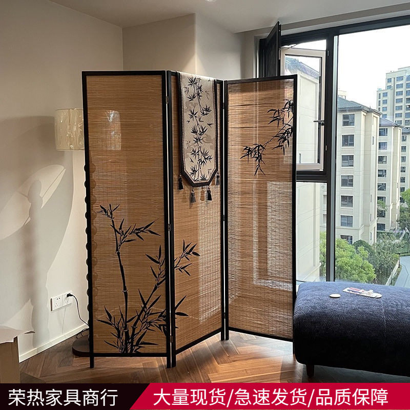 新中式隔断屏风茶楼国风竹影主题装饰墙背景茶室竹编围挡阳台改造