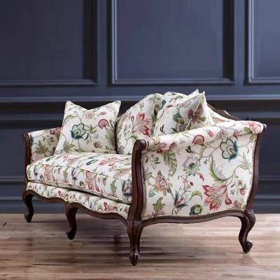 美式乡村实木布艺沙发双三人位亚麻印花客厅老虎椅卧室单人沙发椅