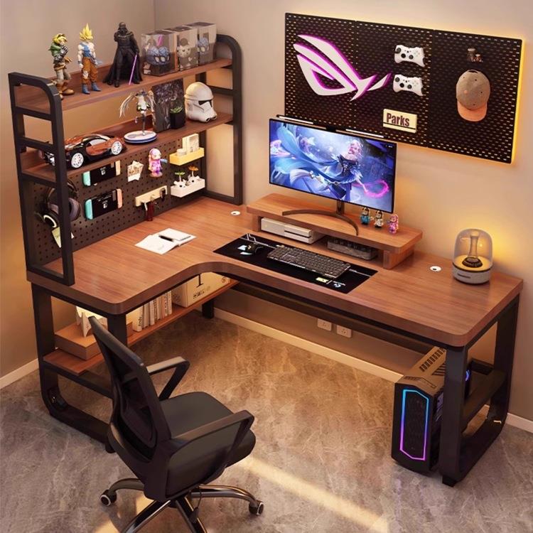 实木转角电脑桌卧室家用台式书桌书架一体双人电竞桌拐角办公桌子