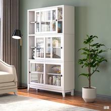 推拉门书柜带玻璃门客厅展示柜收纳一体靠墙落地移门书橱实木书架