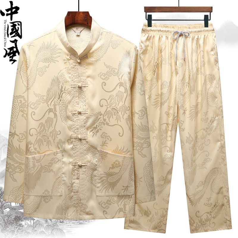 春夏季中老年人唐装男薄长袖丝质套装爸爸复古中式爷爷装汉服衬衫,男装,唐装,淘宝优惠券,粉丝福利购,淘宝优惠卷