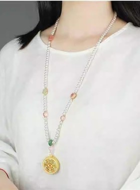 新款新中式五福毛衣链圆盘2024爆款珍珠项链长款古汉服宫廷国潮风