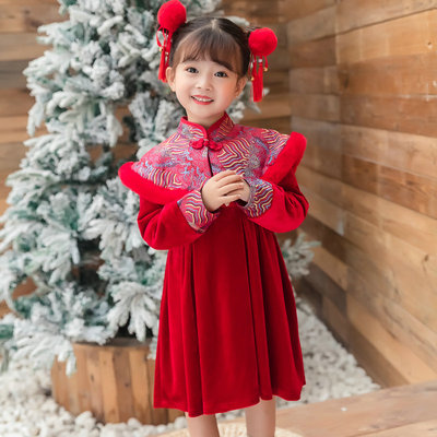 新款女童大红色中国盘扣立领格子纱拼接加绒旗袍连衣裙新年拜年装