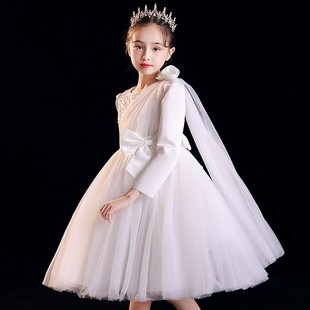 春秋冬儿童婚纱裙子花童公主裙女童装白色长袖连衣裙蓬蓬演出礼服