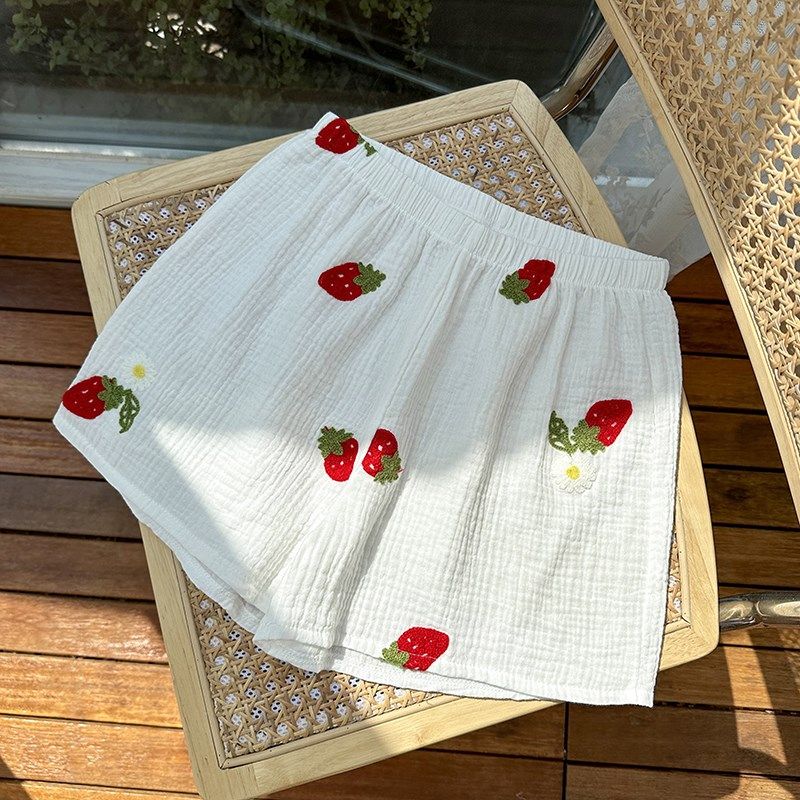 夏薄款宽松纯棉睡裤女甜美草莓刺绣棉纱安全裤家居裤休闲短裤,女士内衣/男士内衣/家居服,睡裤/家居裤,淘宝优惠券,粉丝福利购,淘宝优惠卷