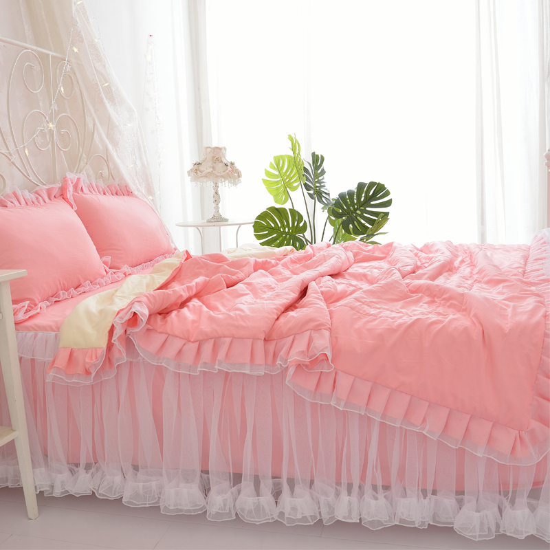 韩式蕾丝夏被四件套少女心公主风纯色花边夏凉被薄被子床裙四件套