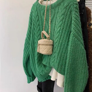 绿色麻花套头圆领针织毛衣女秋冬季 软糯慵懒风外穿小个子2023新款