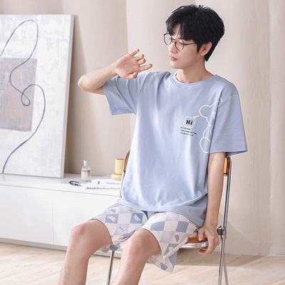 男士睡衣夏季纯棉短袖青少年学生薄款夏天宽松大码休闲家居服套装