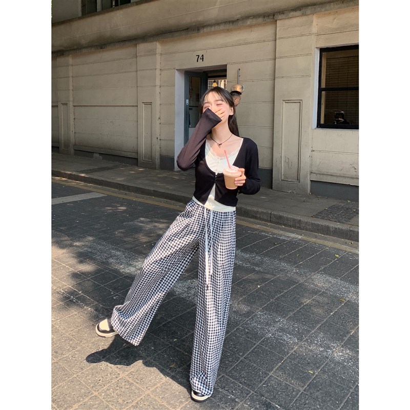切糕自制小个子夏季长裤女复古格子裤裤子新款直筒格子慵懒休闲裤