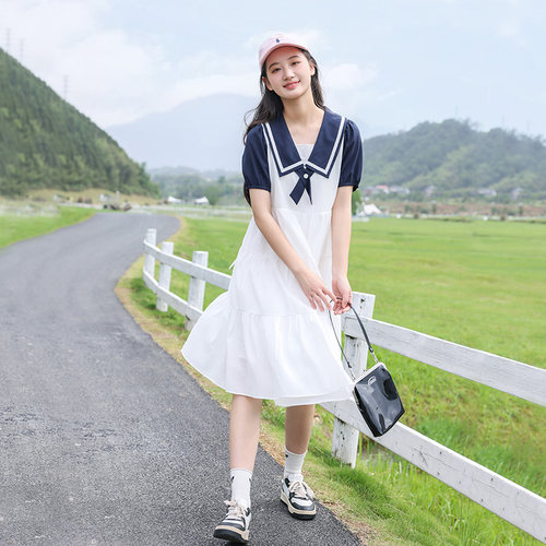 女大童连衣裙夏季2024新款洋气时髦15岁初中学生夏装薄款白色裙子