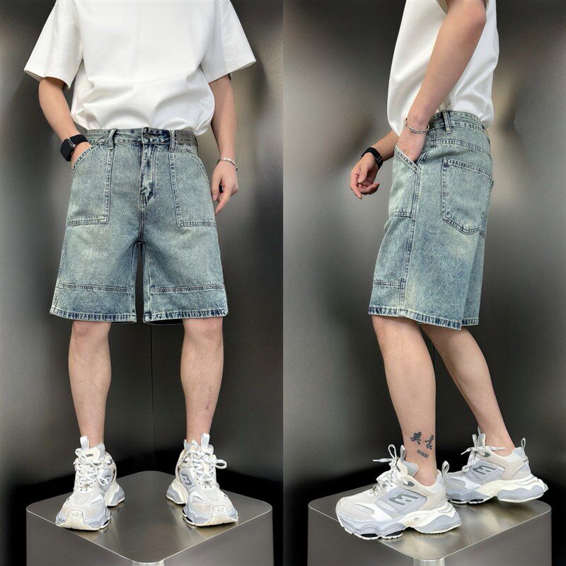 2025夏季新款男士牛仔短裤宽松直筒拼接五分裤潮流百搭休闲中裤子