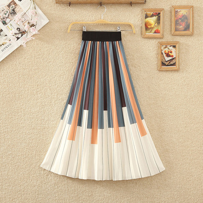 撞色竖条纹半身裙夏季新款高腰中长款拼色印花风琴百褶裙子a字裙