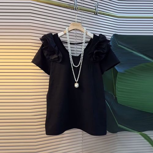 加肥大码女装V领荷叶肩短袖小衫胖妹妹黑色显瘦百搭小众设计上衣