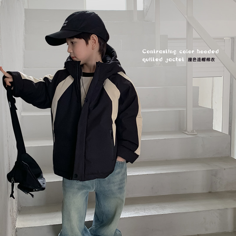 萌萌哒童装男童铺棉外套秋冬季新款儿童男孩保暖帅气连帽韩版棉服图片