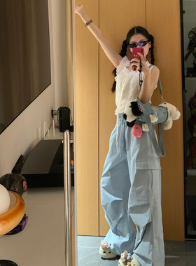 美式复古蓝色伞兵休闲裤女夏季直筒工装裤户外显瘦速干阔腿长裤潮