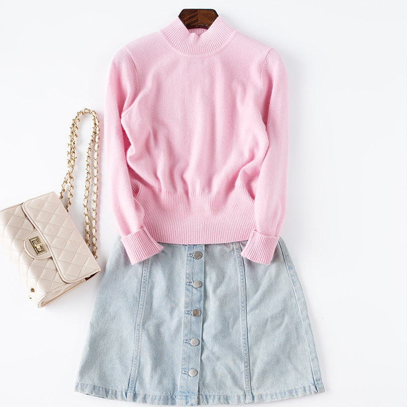 秋冬新品女士高腰短款羊绒衫半高领保暖粉色白色打底长袖套头毛衣