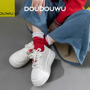 潮酷休闲系带百搭松糕女单鞋 豆豆屋厚底小白鞋 韩版 新款 女2025春季