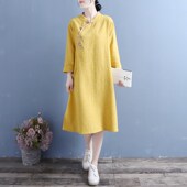 2022春季 连衣裙 斜襟盘扣宽松通勤长袖 新款 中国风文艺复古棉麻中式