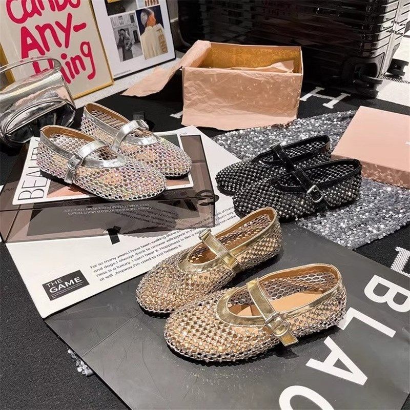 软底真皮闪闪水钻透气网面网鞋女2025夏季新款浅口平底单鞋一脚蹬,女鞋,时装凉鞋,淘宝优惠券,粉丝福利购,淘宝优惠卷