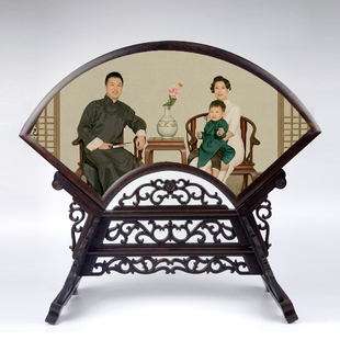 扇形照片实木双面绣台屏摆件 B鸡翅木古典中式摆件相框摆台画框