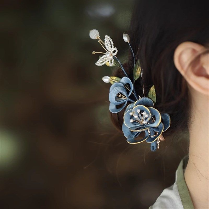 手工缠花新中式国风发夹古风汉服侧边头饰古典舞发饰蓝色旗袍配饰,饰品/流行首饰/时尚饰品新,发饰,淘宝优惠券,粉丝福利购,淘宝优惠卷