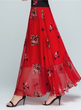 雪纺大摆长裙半身裙坠感绣花女夏宽松跳舞裙子A字花色网纱纱裙