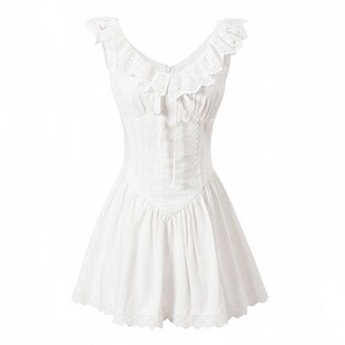 自制甜辣设计感初恋小白裙花边奶甜小飞袖收腰氛围感蓬蓬连衣裙女