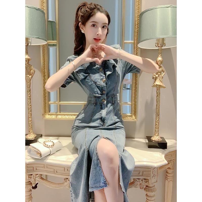 长款牛仔连衣裙女夏季气质修身v领裙子法式高级设计感鱼尾长裙子