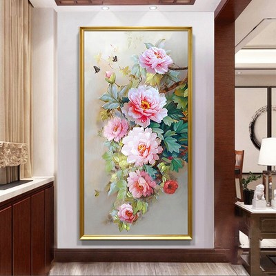 花开富贵新中式纯手绘客厅牡丹花油画装饰画入户玄关高级感挂画