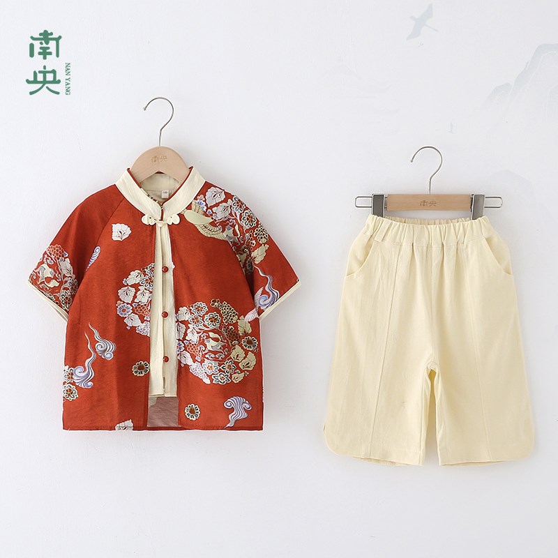 汉服男童纯棉套装夏季薄款宝宝唐装表演服儿童古装短袖男孩新中式图片