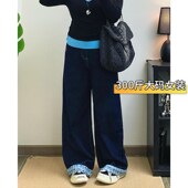 女装 美式 格子卷边拼接牛仔裤 300斤胖mm大码 女宽松显瘦直筒阔腿裤
