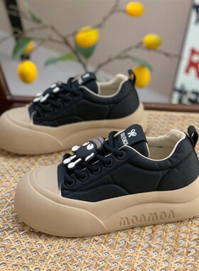 真皮丑萌面包鞋女2l025春秋新款黑色百搭舒适轻便厚底显脚小休闲