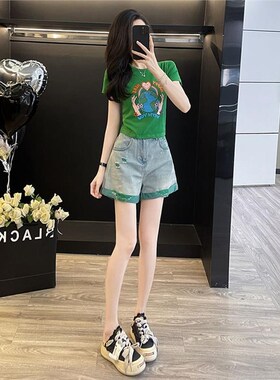 多巴胺绿色休闲运动套装女夏炸街时尚洋气时髦短袖牛仔短裤两件套