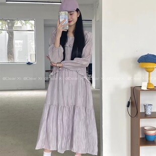 日了个韩宽松温柔风时髦气质设计款法式荷叶花边褶皱长袖连衣裙