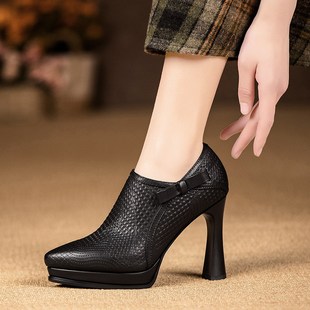 优雅气质尖头女鞋 2024时尚 粗跟防水台高跟鞋 女春秋新款 子 深口单鞋