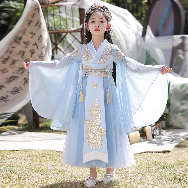 女童汉服仙气改良中国风儿童古装汉服超仙女款唐装大袖衫蓝色夏款图片