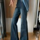 宽松直筒阔腿裤 高腰不贴腿牛仔裤 子春季 款 女胖mm大码 直筒微喇叭裤